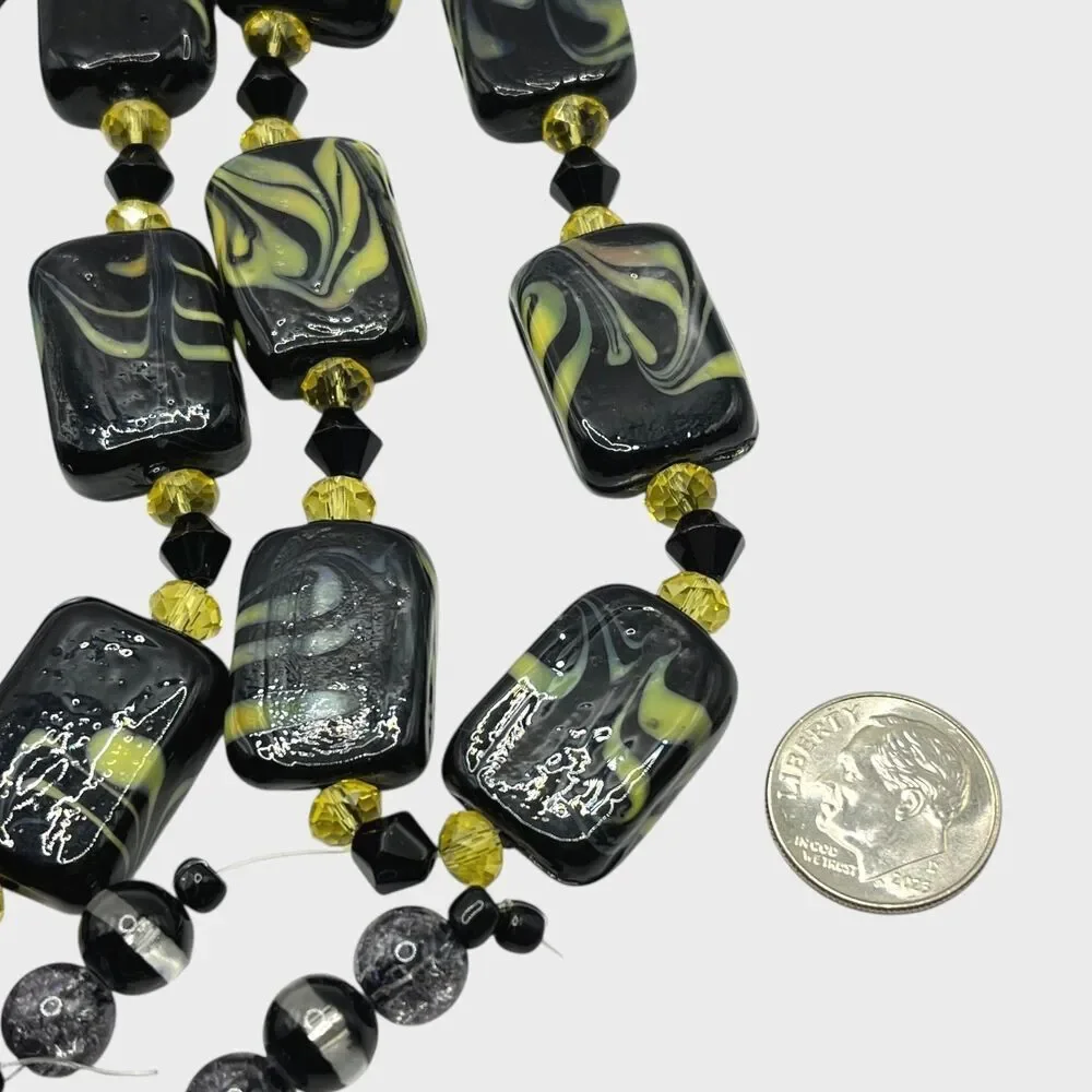 Lot Art Glass Beads Black Yellow Swirl Silver Tone Foil Jewelry Craft Lampwork
